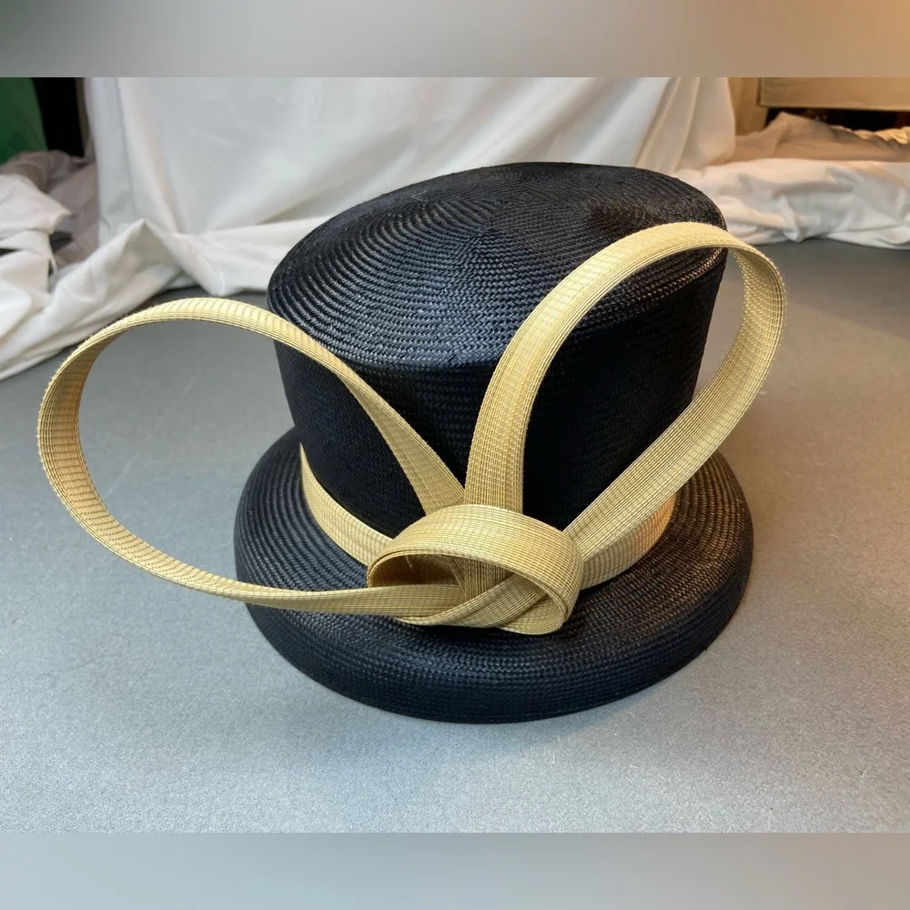 Philip Treacy London Asymmetrical Navy Straw Hat with Sculptural Bow